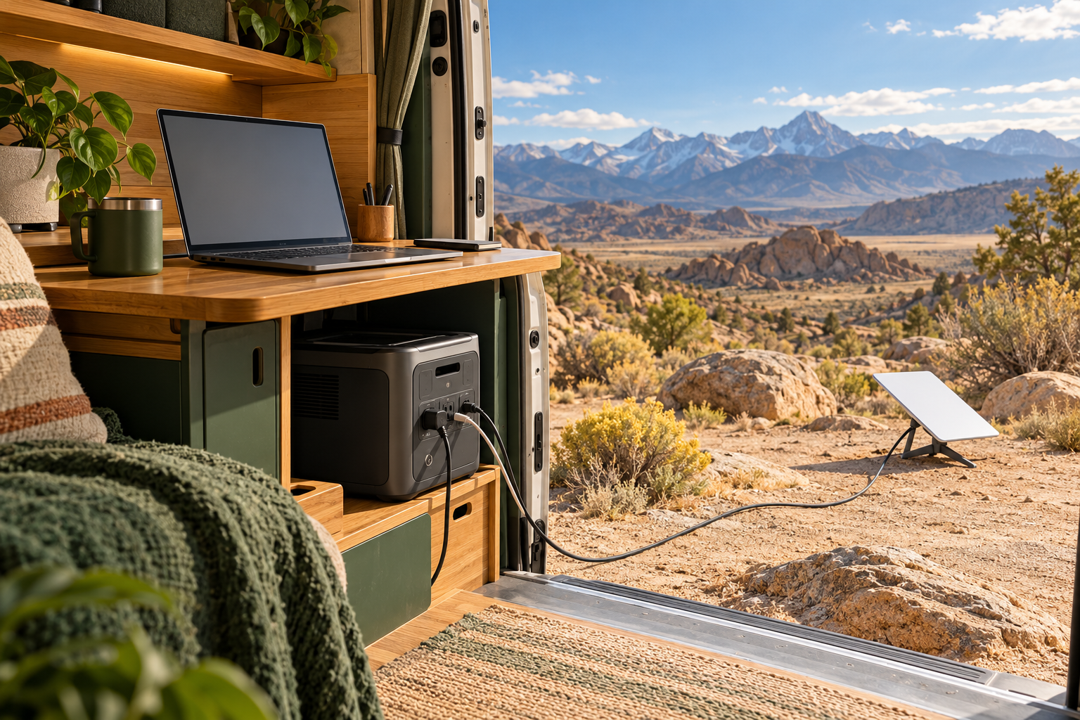 Illustration of a laptop and portable power station inside a camper van, with a satellite terminal outside.